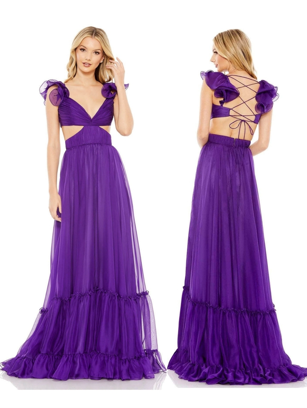 Mac Duggal 70254 Purple Ruched Ruffled Shoulder Cut Out Lace Up Gown 4 NWT Prom